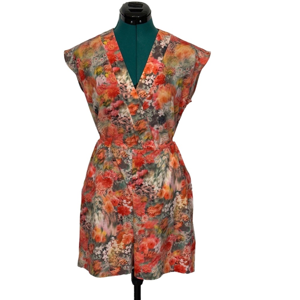 Athleta Marlow Romper Floral V-Neck Cap Sleeve Tie‎ Waist XS Orange Boho Summer